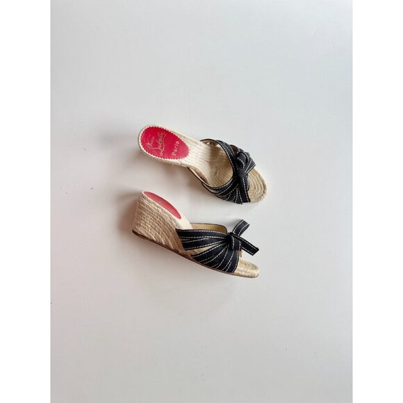 CHRISTIAN LOUBOUTIN Tiburon Black Ribbon Espadrille Slide Wedge Sandals, Size 36 - Picture 1 of 16